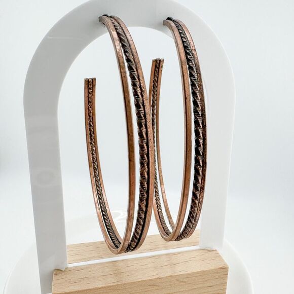 Vintage Large Copper Hoop Earrings Brutalist Statement Filigree Southwestern - Picture 1 of 10
